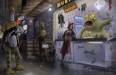 some cartoon characters are standing in front of a storefront with an evil creature on the counter