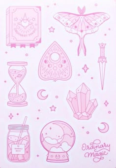 pink stickers with various items on them