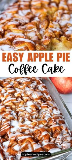 an easy apple pie coffee cake with icing on top