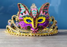 Mardi Gras Crown, Gold Cat Face Tiara, Cat Mask Headpiece, Colorful Cat Head With Green and Purple Accent, Mardi Gras Party Parade Headband - Etsy Mardi Gras Crown, Crown Gold, Colorful Cat, Mardi Gras Party, Cat Mask, Purple Accents, Cat Colors, Cat Face, Green And Purple