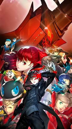 an anime character with red hair and blue eyes surrounded by other characters in black outfits