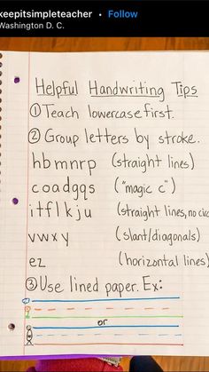 a notepad with writing on it that says helpful handwriting tips