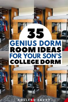 the room is filled with clothes and desks for college dorm students to work on