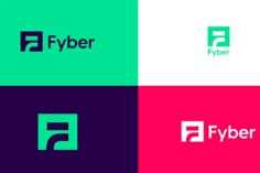 four different logos designed to look like the letter f, with green and pink colors