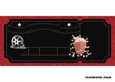 a movie ticket with some popcorn and a film reel on the side, in red glitter