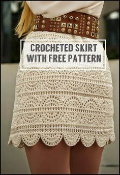 a woman wearing a crocheted skirt with free pattern on the front and back