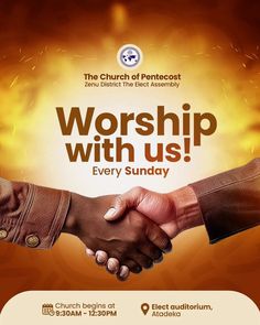 a church flyer with two people shaking hands