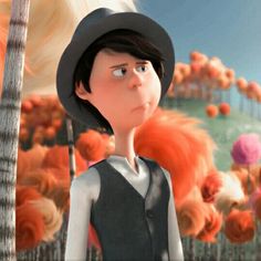 the animated character is wearing a black hat and gray vest, standing in front of an orange tree