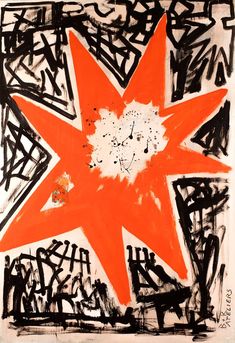 an orange star with black and white designs on it's face is in the middle of a painting