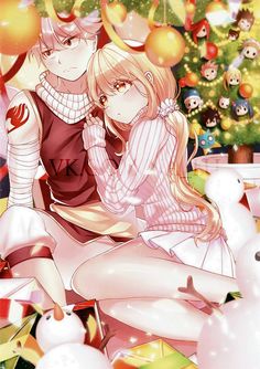 two anime characters sitting next to each other in front of a christmas tree and presents