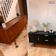 before and after photos of a living room with wood flooring, an old dresser has been turned into a sideboard