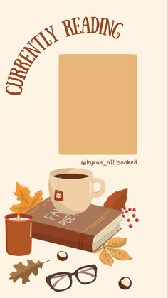 a coffee cup and book with autumn leaves on it