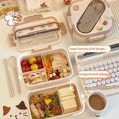 an assortment of bento boxes with food in them on a white table top next to a keyboard and mouse