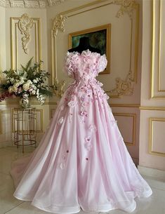 Unique Pink Tulle Prom Dress, Strapless Floor Length Ball Gown With 3D Flowers Masquerade Ball Gowns Pink, Fantasy Ballgown, Pink Tulle Prom Dress, Masquerade Ball Dresses, Masquerade Ball Gowns, Puffy Dresses