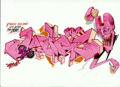 a drawing of pink graffiti on white paper