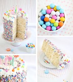 there are several pictures of a cake with sprinkles and candles on it