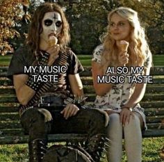 two people sitting on a bench with words in front of them that say, my music also my taste