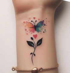 Women Color Tattoos, Tattoo Color Mujer, Minimal Butterfly Tattoo Design, Rose And Butterfly Tattoos, Love Tattoo Ideas, Medium Size Tattoos, Rose And Butterfly Tattoo, Colorful Butterfly Tattoo, Butterfly Tattoo Ideas