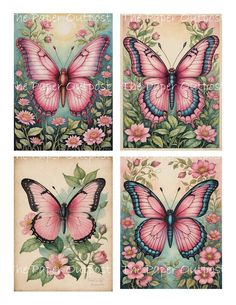 four pink butterflies with flowers on them