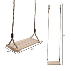 a wooden swing with rope on it and measurements