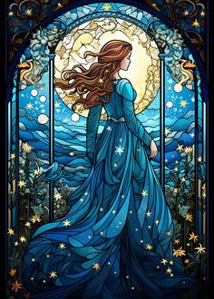 a stained glass window with a woman in blue dress looking out at the moon and stars