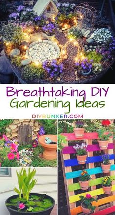 several different pictures with flowers and plants in them, including the words breathing diy gardening ideas