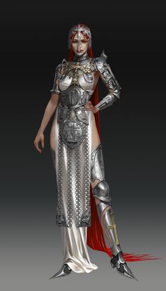 a woman dressed in silver and red standing with her hands on her hips while wearing armor