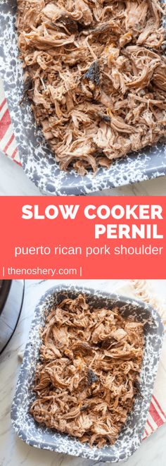 slow cooker pork shoulder is shown in two different pans