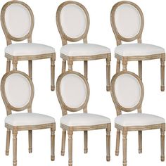 six chairs with white upholstered back cushions