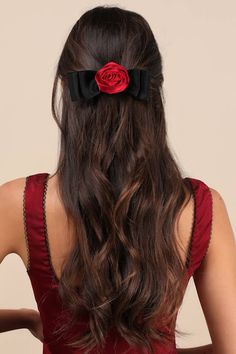 Catch your crush's attention every time with the Lulus Ideally Dainty Black and Red Rosette Bow Hair Clip! Sleek woven satin shapes this luxe hair clip that has a two-layered, satin ribbon bow and an oversized rosette detail at the center. Barrette clip closure. Bow Clip Measures 5. 5" Long And 2" Wide. 100% Polyester. Imported. Lulus | Ideally Dainty Black and Red Rosette Bow Hair Clip | 100% Polyester. Witch Clothes, Valentines Hairstyles, Satin Ribbon Bow, Spring Break Outfit, Lulu Fashion, Bow Hair Clip, Bow Clip, Ribbon Hair Bows, Hairstyle Inspiration