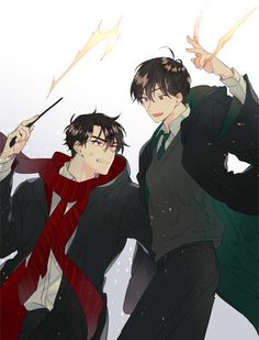 two young men dressed in black and red holding wands