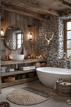 a rustic bathroom with stone walls and flooring, including a freestanding bathtub