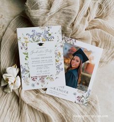 an image of a graduation card with flowers on it and a photo of a graduate