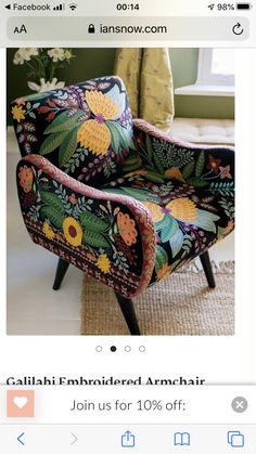 the chair is upholstered with an intricate floral pattern and has been purchased for $ 10 off