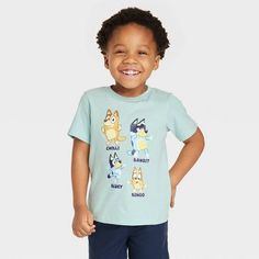 Set your little one for fun adventures in this Bluey-Print Short-Sleeve T-Shirt. Made from 100% jersey cotton fabric and designed with flat seams, this short-sleeve T-shirt offers them all-day cool comfort. Featuring illustrations of Bluey, Bingo, Bandit and Chilli on the front, it's sure to excite your Bluey fan, while making a fun pairing with a variety of their bottoms. Bandit And Chilli, Bluey Bingo, Fun Adventures, Crewneck Style, Tie Dye Shorts, Girls Tees, Kid Tees, Boys Shirts, Boys T Shirts