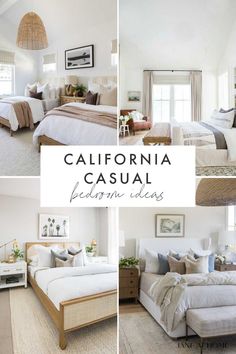 the california causal bedding idea is featured in four different photos, including one with