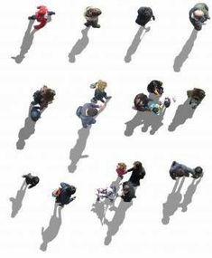 an overhead view of people sitting and standing in the sun with their shadows on the ground