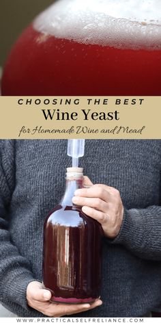 a person holding a bottle of wine with the words choosing the best wine yeast for homemade wine and mead