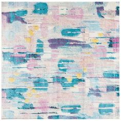 an abstract rug with blue, pink and yellow colors