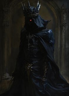 a man dressed in black with a crown on his head and cloak over his shoulders