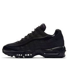 The Nike Air Max 95 'Triple Black' is a stylish sneaker designed to be comfortable and perfect for everyday wear. Inspired by the human body, the midsole is based on the spine structure, while the nylon holes represent the ribs and the layered panels and mesh symbolize the muscle fibers and body tissues. The two independent blow-molded Air-Sole units and the visible air cushion design on the forefoot make this sneaker a must-have. The Swoosh logo is placed on the back of the shoe as a punctuation mark. The Nike Air Max 95 'Triple Black' is perfect for running, walking, and casual wear. (SNKR/Women's) Athleisure Chunky Sneakers With Air Max Cushioning For Streetwear, Body Tissues, Nike Shoes Air Max, Air Max Women, Nike Air Max 95, Swoosh Logo, Air Max 95, The Human Body, Triple Black