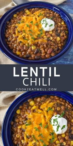 two blue bowls filled with lentil and cheese