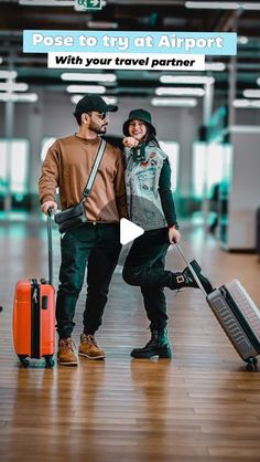 two people standing next to each other with luggage in their hands and the caption reads, pose to try at airport with your travel partner