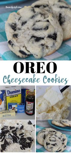 oreo cheesecake cookies with chocolate chips on top and in the middle, collage