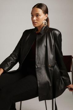 Curve Leather Notch Neck Short Coat Designer Leather Blazer For Fall, Elegant Fitted Leather Outerwear, Elegant Leather Jacket For Workwear, Chic Leather Jacket For Formal Occasions, Luxury Leather Jacket For Work, Elegant Leather Business Outerwear, Elegant Leather Outerwear For Business, Winter Workwear Leather Jacket With Soft Leather, Soft Leather Jacket For Workwear In Winter