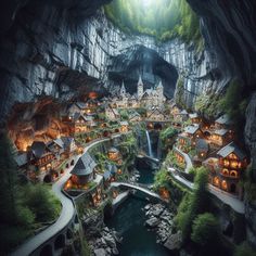 an aerial view of a fantasy village in the middle of a cave with lights on