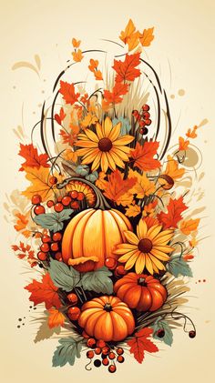 an artistic fall scene with pumpkins, flowers and leaves