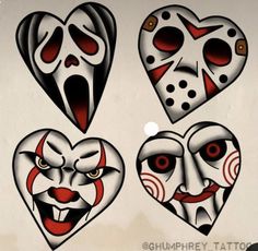 four heart shaped masks with faces painted on them