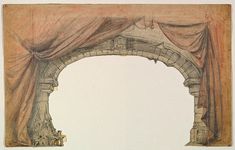 a drawing of an arch with curtains over it