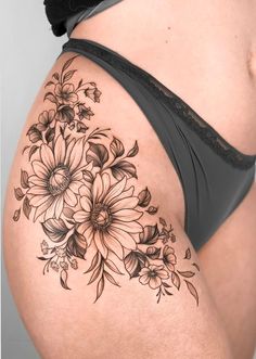 Women With Thigh Tattoos, Floral Hip Tattoo, Side Thigh Tattoos, Floral Thigh Tattoos, Flower Thigh Tattoos, Hip Thigh Tattoos, Hip Tattoos Women, Spine Tattoos For Women, Thigh Tattoos